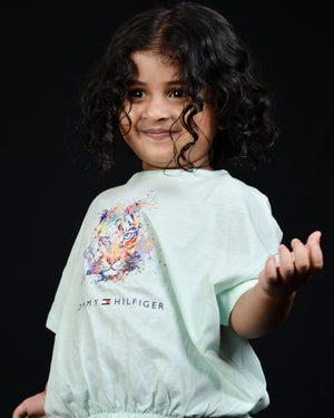 Kids Graphic Tee With Elastic Bottom-Cyan