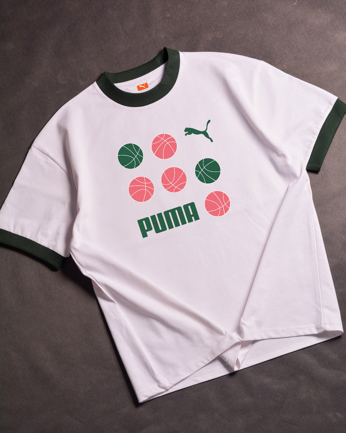 P GRAPHICS BBall  Ringer White/Green Drop Shoulder T-Shirt