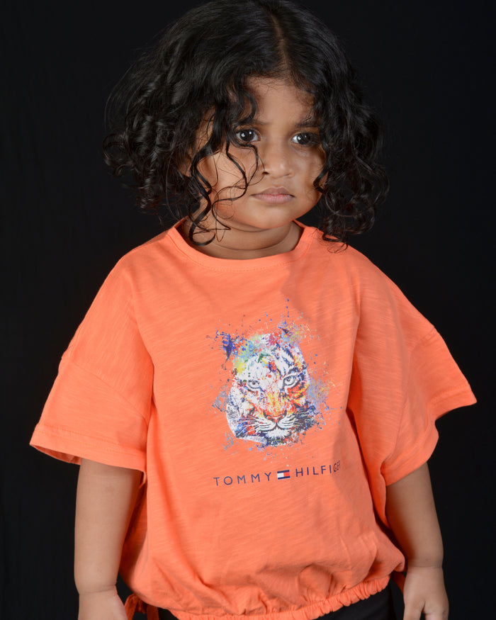 Kids Graphic Tee With Elastic Bottom-Orange